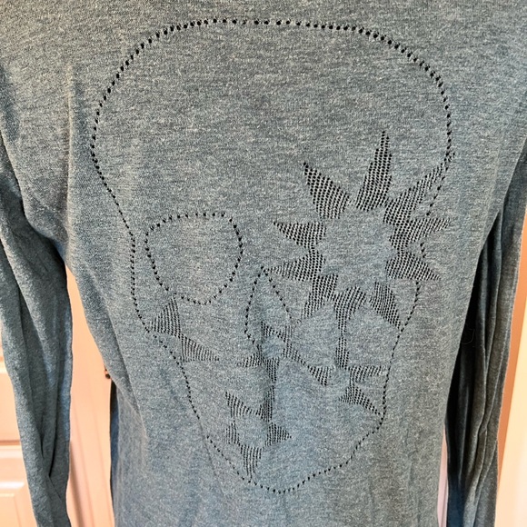 Zadig & Voltaire Teal Blue Fine Knit Henley Sweater with Skull Bak Design - Picture 2 of 6